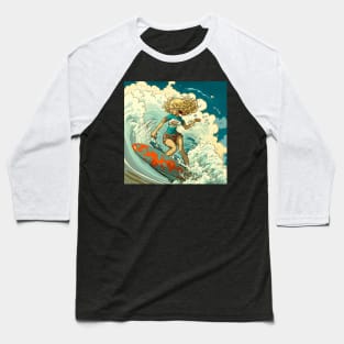 Extreme woman catching a wave on her surf board. Baseball T-Shirt